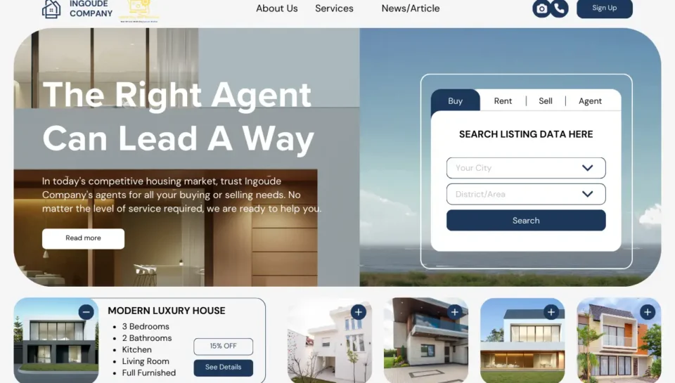 White Blue Rounded Minimalist Real Estate Business Desktop Prototype Professional web design for tour operators